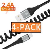 Phreeze 4x USB naar USB C Oplaadkabel - 1.5M Krulsnoer Uitrekbaar - Gevlochten Nylon - Quick Charge 3.0 - 2.4A Snelladen - Universeel - Voordeelverpakking