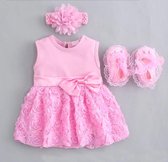 3 in 1 set Baby feest jurkje, Hoofdband bloemen , Schoenen, Photoshoot jurk, Doop jurk, Feest jurk, Bloemenmeisje jurk - 3D roze - Maat 3 maanden