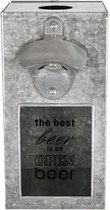 Metalen bieropener met opvangbak (zinklook) - the best beer is an open beer - 10x10x20 cm. - flesopener - tafelmodel