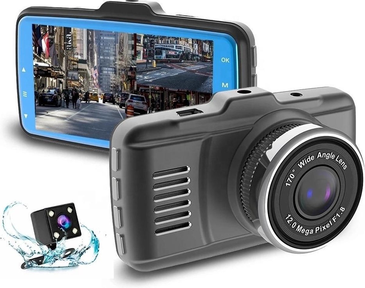 TechU™ Dashcam Dual Camera – M18 – Dashboardcamera – 3 inch Full HD Scherm – Nachtvisie – Looprecording – Bewegingssensor – G-sensor – Parkeermonitor – Incl. Achteruitrijcamera - voor auto -– Kerst & Kerstcadeau