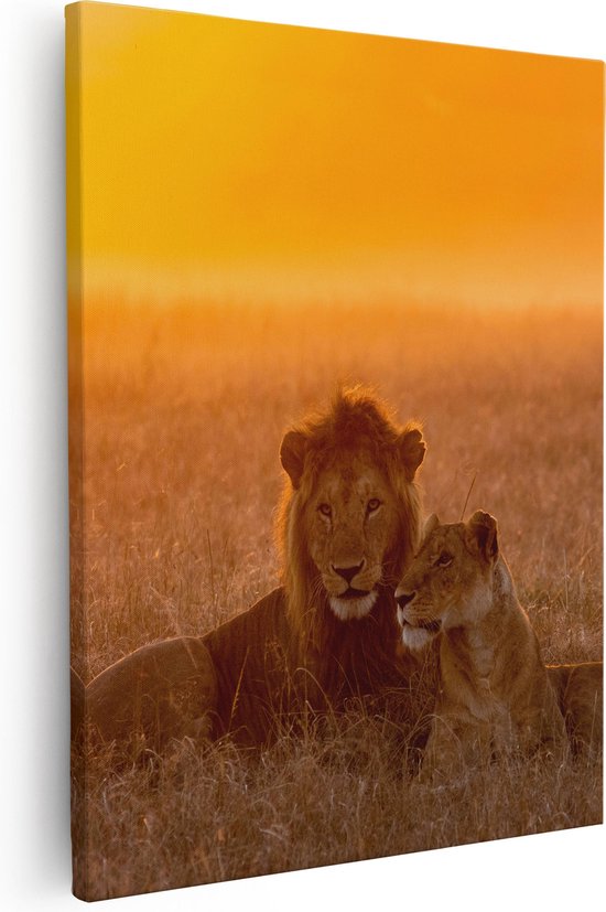 Artaza Canvas Schilderij Leeuw En Leeuwin Tijdens Zonsondergang - 80x100 - Groot - Foto Op Canvas - Canvas Print