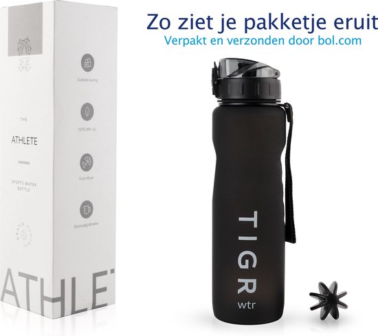 TIGR Athlete - Drinkfles - Waterfles met Fruit Filter - 1000ml - Zwart - Met Mengbal voor Shakes - TIGR