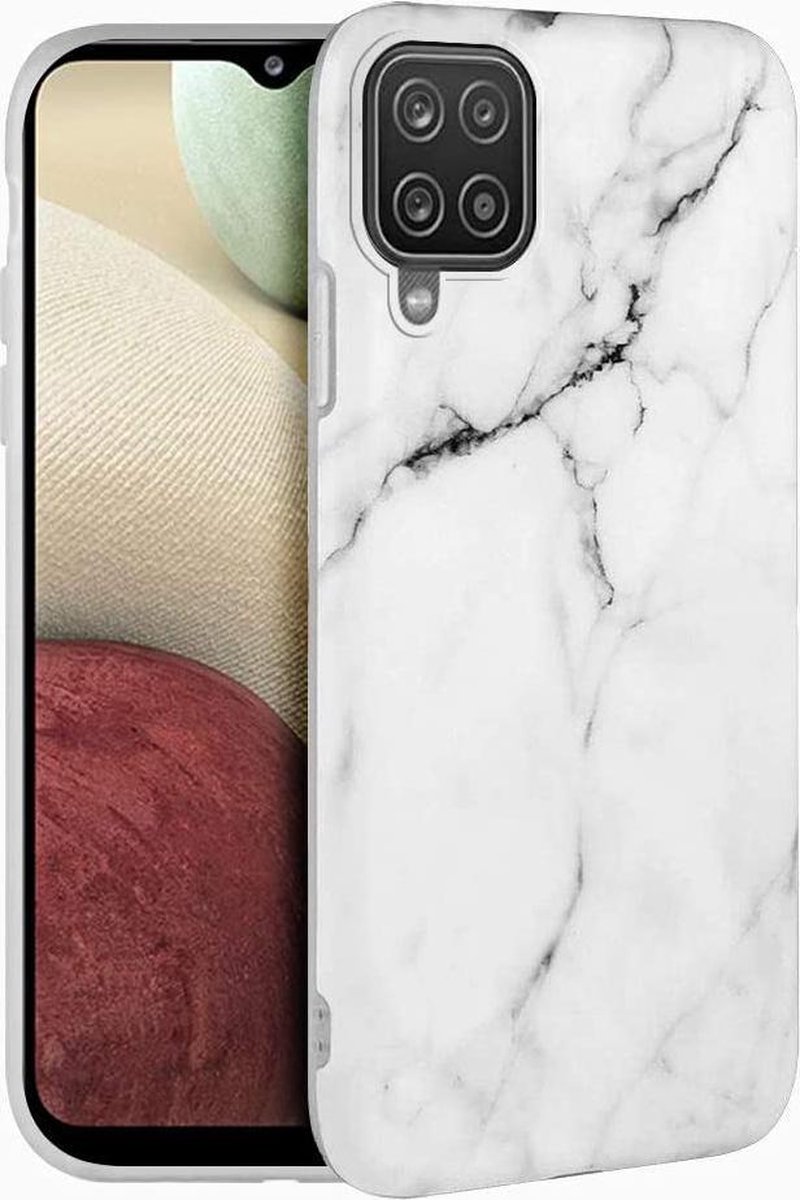 Geschikt voor Samsung Galaxy A12 hoesje - Wit / Zwart - Marmer - Soft TPU