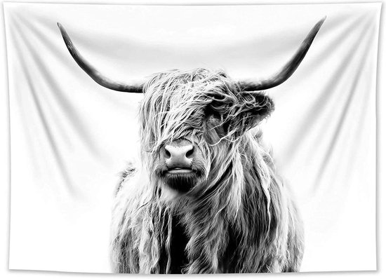 Ulticool Wandkleed 200x150 cm – Schotste Hooglander Koe Zwart Wit – Met Bevestigingspinnen - voor Binnen - Aesthetic Room Decor Wandtapijt Decoratie Poster Boho Wanddoek Slaapkamer Natuur Schilderij Canvas - Vrouw Man Tiener Meisje
