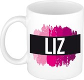 Liz  naam cadeau mok / beker met roze verfstrepen - Cadeau collega/ moederdag/ verjaardag of als persoonlijke mok werknemers