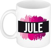 Jule  naam cadeau mok / beker met roze verfstrepen - Cadeau collega/ moederdag/ verjaardag of als persoonlijke mok werknemers