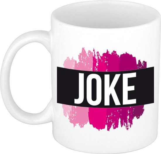 Joke naam cadeau koffie mok - beker - met roze verfstrepen - Cadeau collega - moederdag - verjaardag - juf - coach - 300 ml - wit