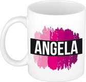 Angela  naam cadeau mok / beker met roze verfstrepen - Cadeau collega/ moederdag/ verjaardag of als persoonlijke mok werknemers