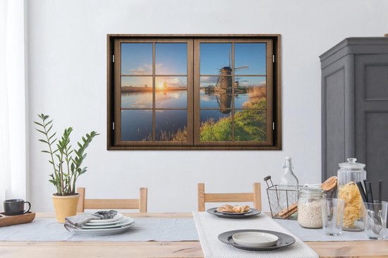Canvas schilderij 120x80 cm - Wanddecoratie Doorkijk - Molen - Zonsondergang - Muurdecoratie woonkamer - Slaapkamer decoratie - Kamer accessoires - Schilderijen op canvas