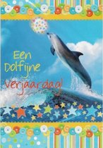 Van harte gefeliciteerd, een dubbele wenskaart inclusief envelop met een kleurrijke afbeelding van een dolfijn. Een kleurrijke en mooie wenskaart voor jong en oud!