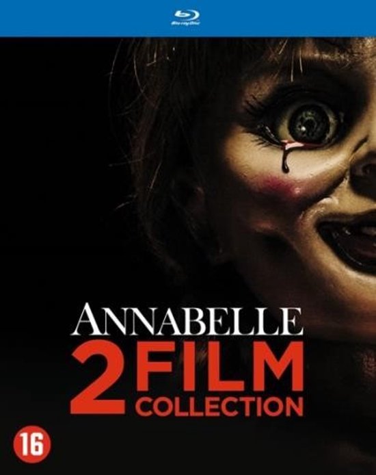 De enge Annabelle pop op de cover van de "Annabelle 2 Film Collection" Blu-ray, met een '16' leeftijdsclassificatie.