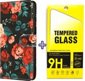 Oppo A16 & Oppo A16S Hoesje met Vintage Bloemen Print & Glazen Screenprotector - Portemonnee Book Case - Kaarthouder & Magneetlipje