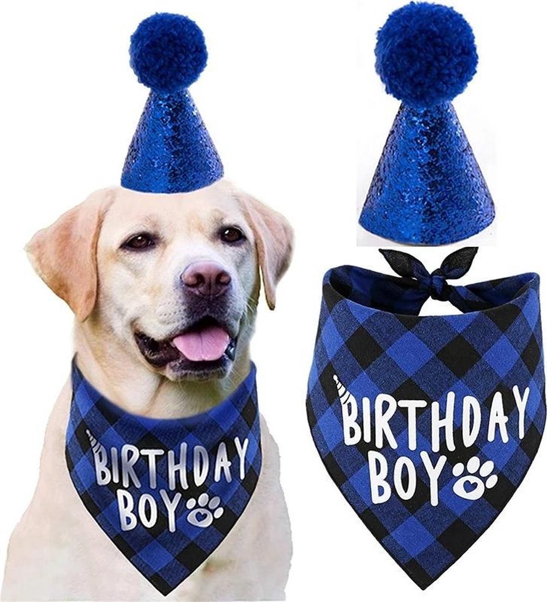 Sweet-One 2-delige blauwe honden verjaardags set - Feestmuts met bandana voor hond