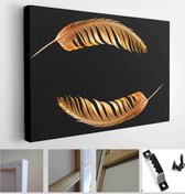 The feather is covered with gold paint close-up. Pen for calligraphy. Golden feather - Modern Art Canvas - Horizontal - 1524406589 - 115*75 Horizontal