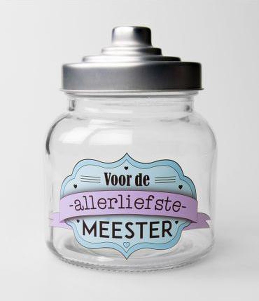 Snoeppot - Gevuld met toffees - Voor de allerliefste Meester - In cadeauverpakking met gekleurd lint