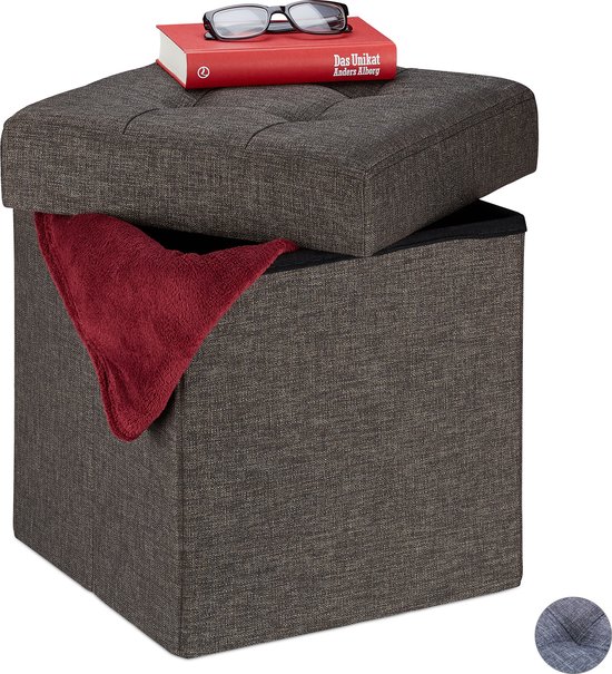 Relaxdays opvouwbare poef, met opbergruimte, stof, lade, vak, afneembaar deksel, hocker, HBD 38 x 38 x 38 cm, wit