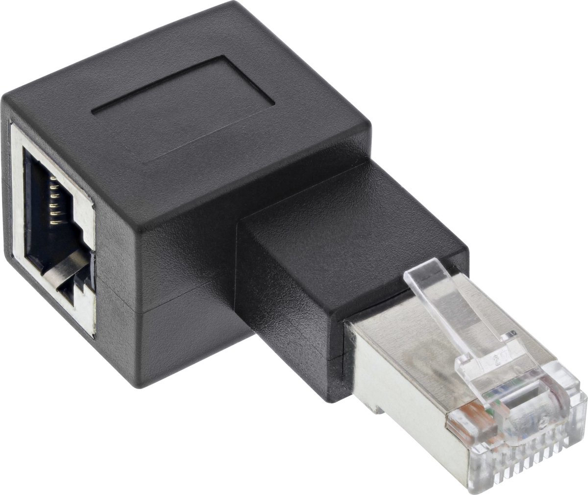 STP CAT6a 10 Gigabit RJ45 haakse adapter - haaks naar links / zwart