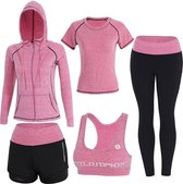 Botre - 5-delige roze - zwarte sportset voor dames/vrouwen - te gebruiken voor Yoga, Fitness, Tennis, hardlopen - Zacht ademend - comfortabel hardlooptrainingspak