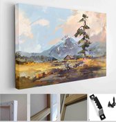 Drawn by sketch landscape with a house and pine - Modern Art Canvas - Horizontal - 656833585 - 115*75 Horizontal