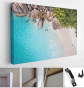 Tropical beach with sea and palm taken from drone. Seychelles famous shark beach - aerial photo - Modern Art Canvas - Horizontal - 428018086 - 115*75 Horizontal
