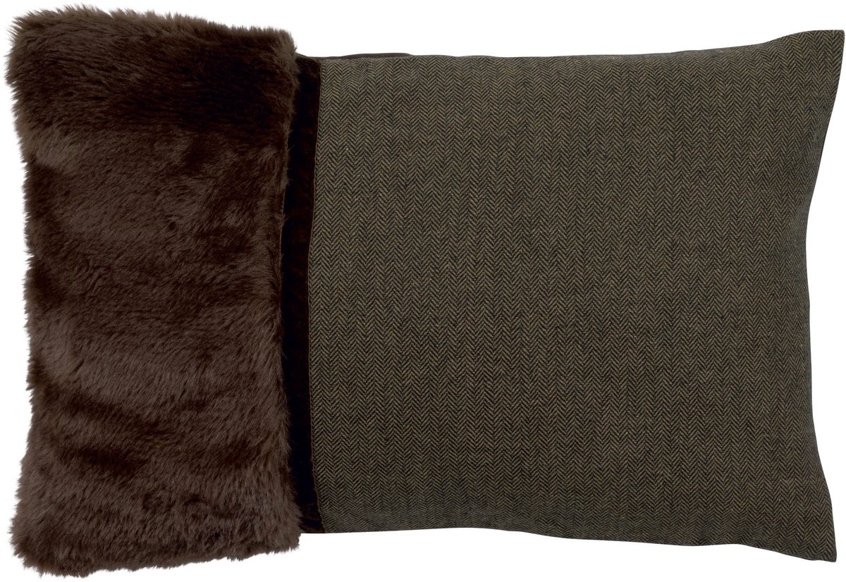 Dutch Decor STEFANIE - Sierkussen 40x60 cm - Bruin - visgraat stof - velvet - nepbont - Inclusief binnenkussen