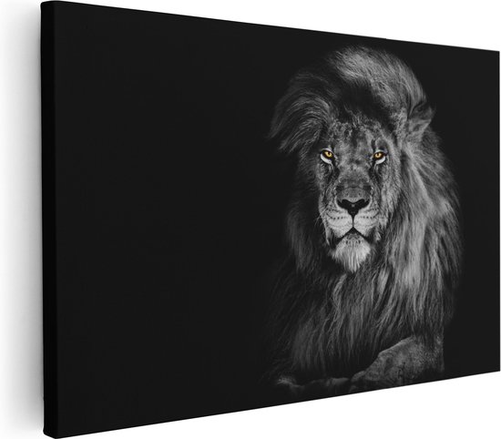 Artaza Canvas Schilderij Leeuw Met Oranje Ogen - Zwart Wit - 90x60 - Foto Op Canvas - Canvas Print - Muurdecoratie