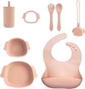 Baby servies set - Kraamcadeau - Incl Slabbetje, kommetje, bordje, vork, lepel, beker met rietje, bijtring en speendoosje - Roze