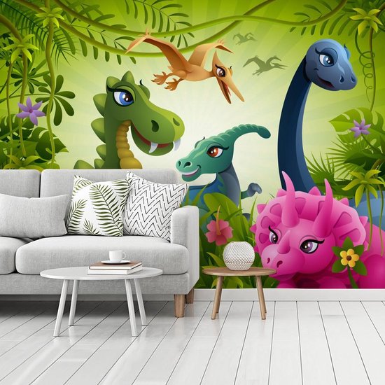 Behang - Fotobehang Dinosaurus - Dieren - Jungle - Illustratie - Baby- Jongens - Meisjes - Kids - Breedte 300 cm x hoogte 240 cm - Nr1Wallpaper