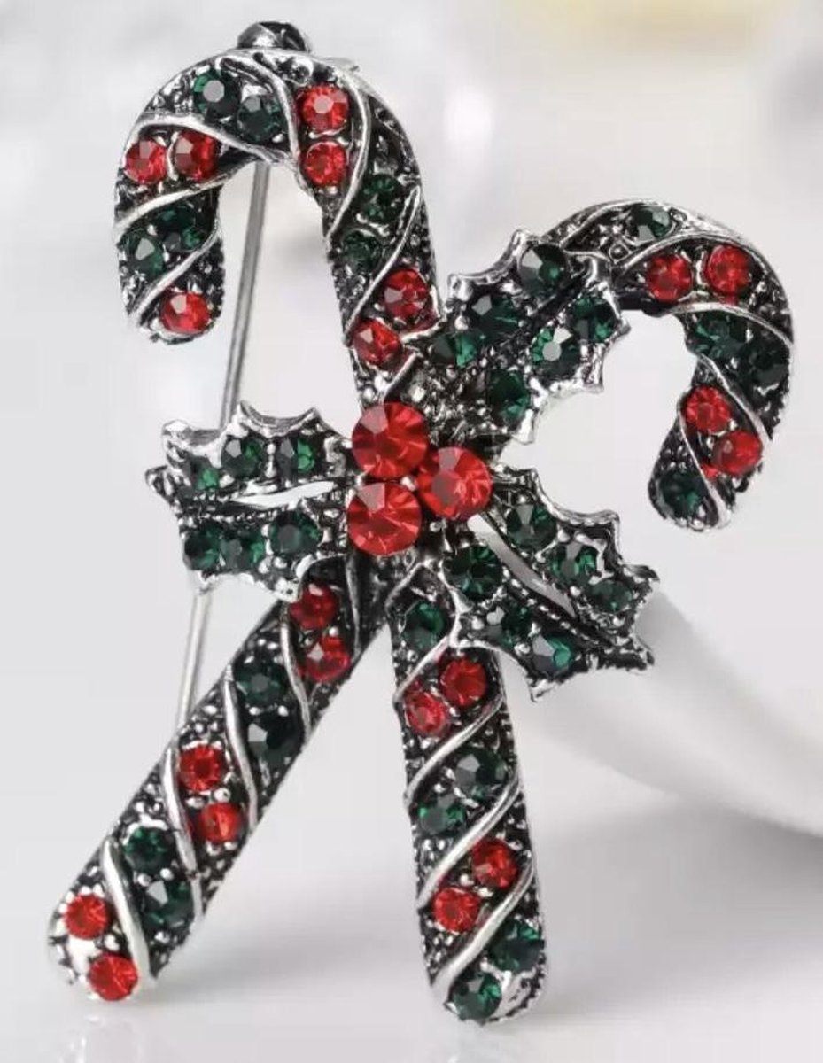 Broche Kerststokken Strass Zilverachtig (4.5 x 3 cm )