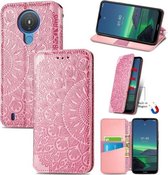 Voor Nokia 1.4 Bloeiende Mandala Reliëf Patroon Magnetische Horizontale Flip Lederen Case met Houder & Kaartsleuven & Portemonnee (Roze)