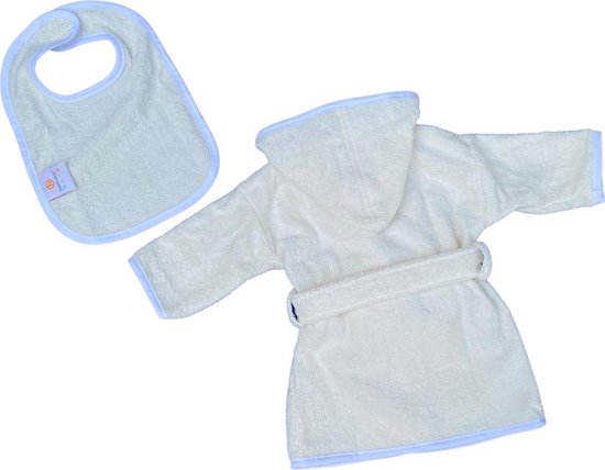 Babybadjas met capuchon - roomwit -ecru - baby badjas gender neutraal - baby badjas meisje - baby badjas jongen - kraamcadeau - 100% badstof katoen - incl. slabbetje - luxe baby badjas mét roomwitte bies - maat 0-12 mnd (80) van Bebe Jou — afbeelding 5