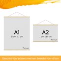 Demonstratie van Homium posterhangers in A1 (61 cm breed) en A2 (61 cm hoog) formaten. Houten latten en ophangkoord.