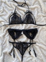 Zwart 3-delig lingeriesetje maat L