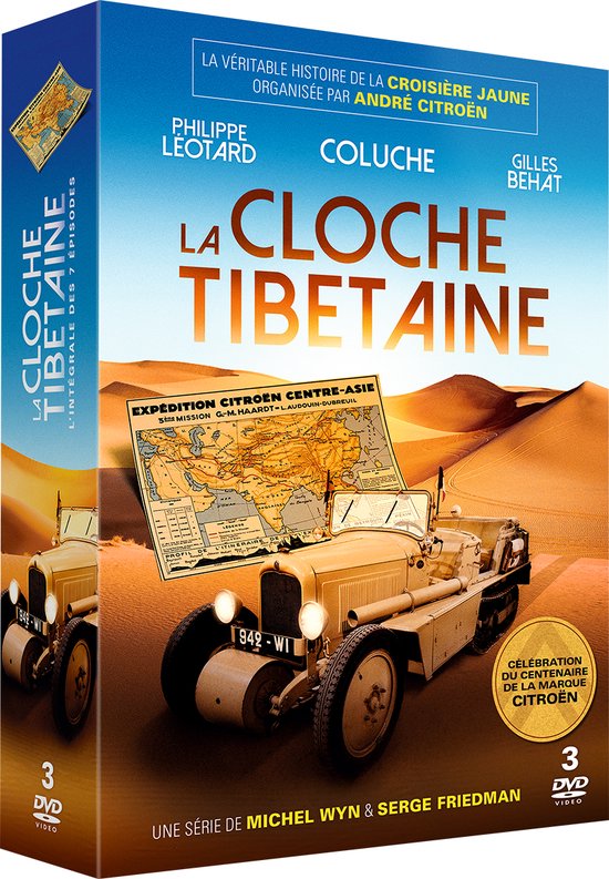 DVD box "La Cloche Tibétaine" met een gele Citroën Expédition Citroën Centre-Asie en woestijnlandschap.