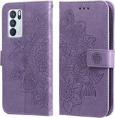 Voor OPPO Reno 6 Pro 5G 7-bloemblaadje Bloemen Embossing-patroon Horizontale Flip PU-lederen hoes met houder & kaartsleuven & portemonnee & fotolijst (lichtpaars)