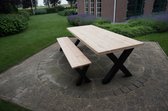 Table à manger industrielle Douglas 300cm avec structure en X noir mat pour une utilisation intérieure et extérieure