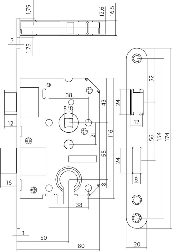 Technische tekening van een Intersteel slot met afmetingen.