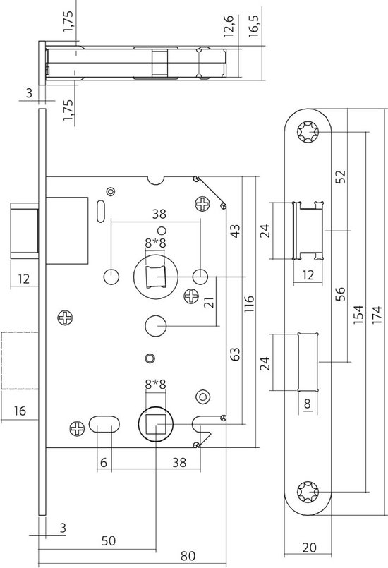 Technische tekening van een slot met afmetingen in mm.