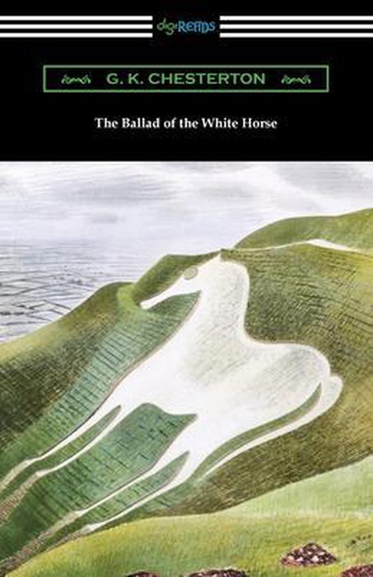 Boekomslag van 'The Ballad of the White Horse' met een krijttekening van een wit paard op een heuvel.
