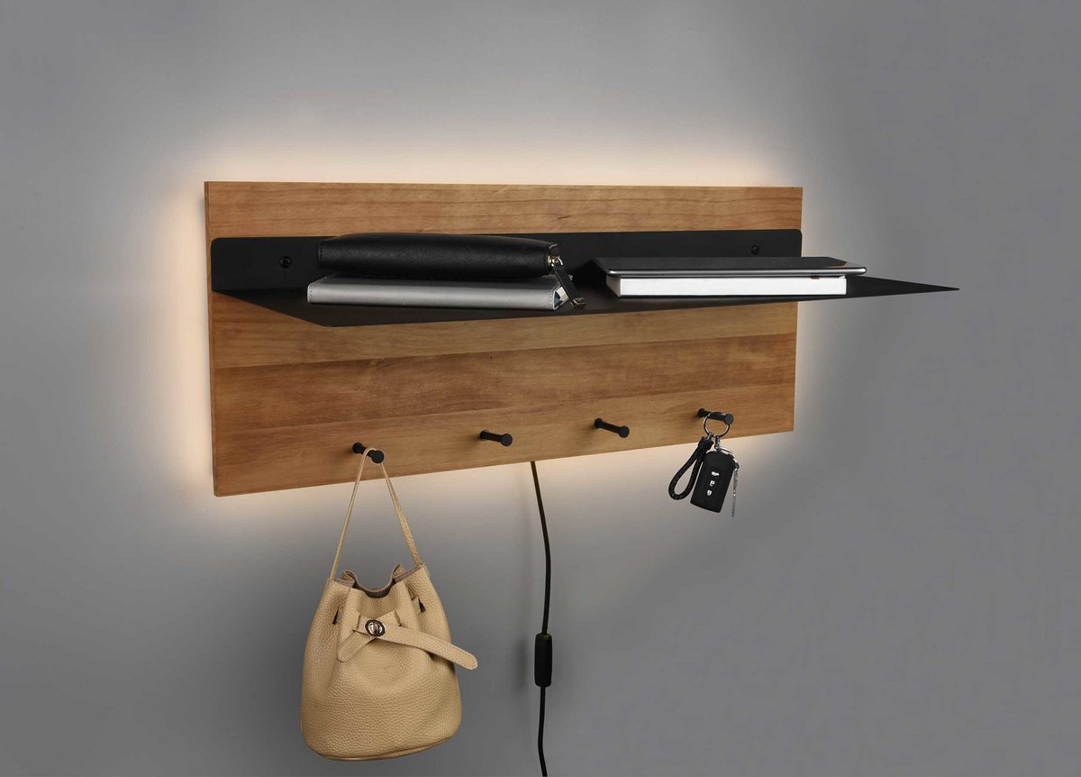 Mirrors and more - Kapstok Romy LED 75 x 30 cm 4 haken en legplank Hout