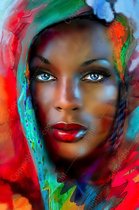 JJ-Art (Glas) 90x60 | Afrikaanse vrouw met sieraden, juwelen in geschilderde stijl - woonkamer - slaapkamer| gezicht, goud, zilver, rood, wit, bruin, zwart, modern | Foto-schilderi