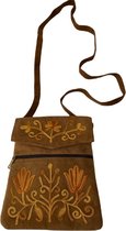 Crossbody tas bruin suède leer - damestas met oranje hand geborduurde bloemen design