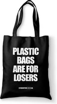 Studentenmeuk - Katoenen Tas -PLASTIC BAGS ARE FOR LOSERS- Black - Shopper - Fair Trade