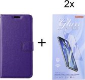 Bookcase Geschikt voor: Oppo Reno6 Pro - Paars - portemonnee hoesje met 2 stuk Glas Screen protector