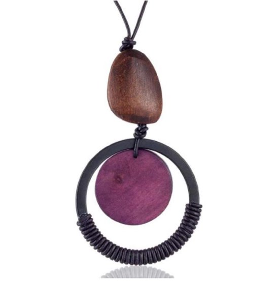 Moderne ketting -Irin-ronde hanger-metaal -hout-paars-bruin -zwart- 88 cm-knoopkoord-allergievrij-Charme Bijoux