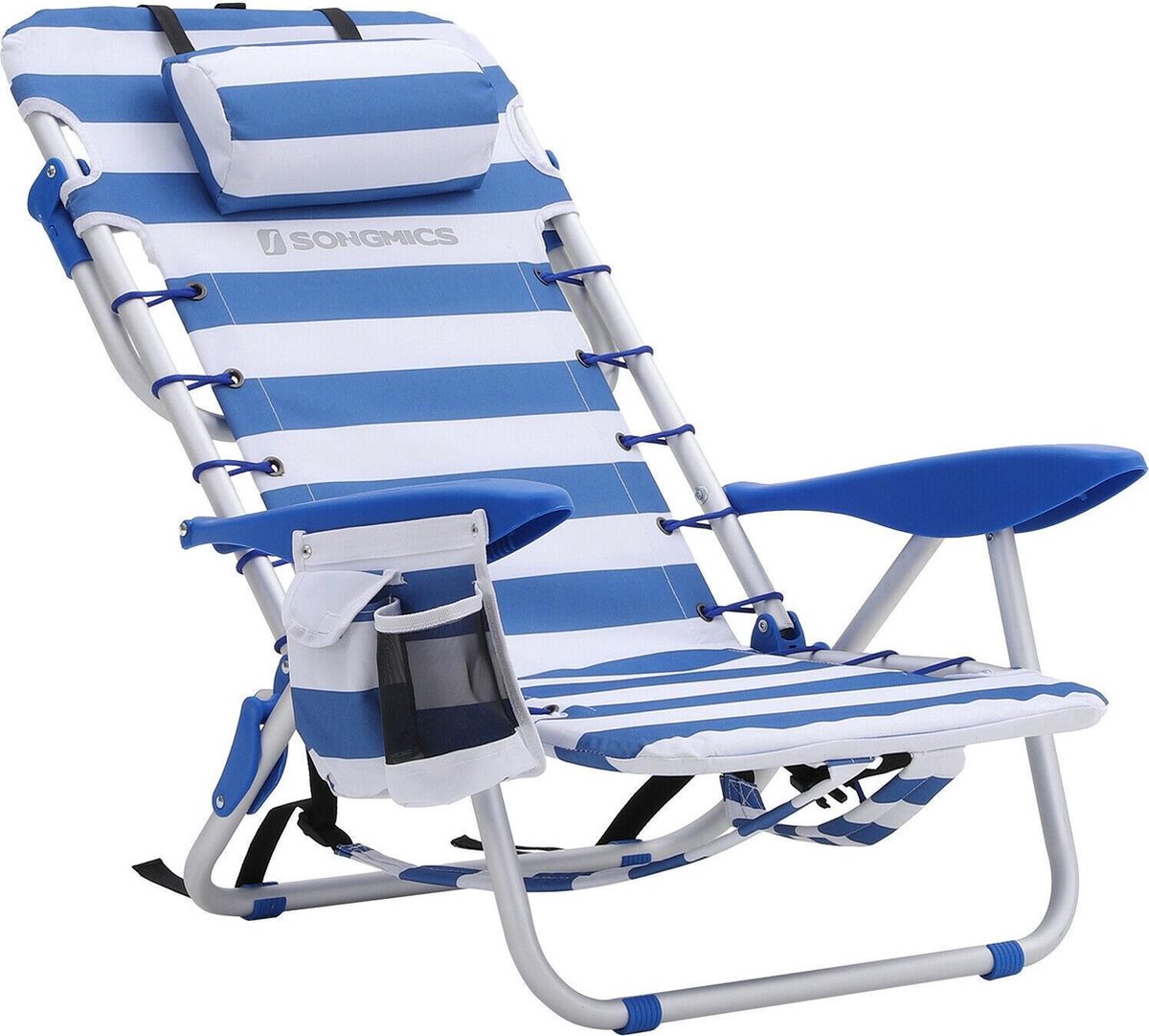 Draagbare strandstoel met afneembare hoofdsteun, opvouwbare strandstoel met rugleuning, verstelbare rugleuning tot 180°, met bekerhouder en zak