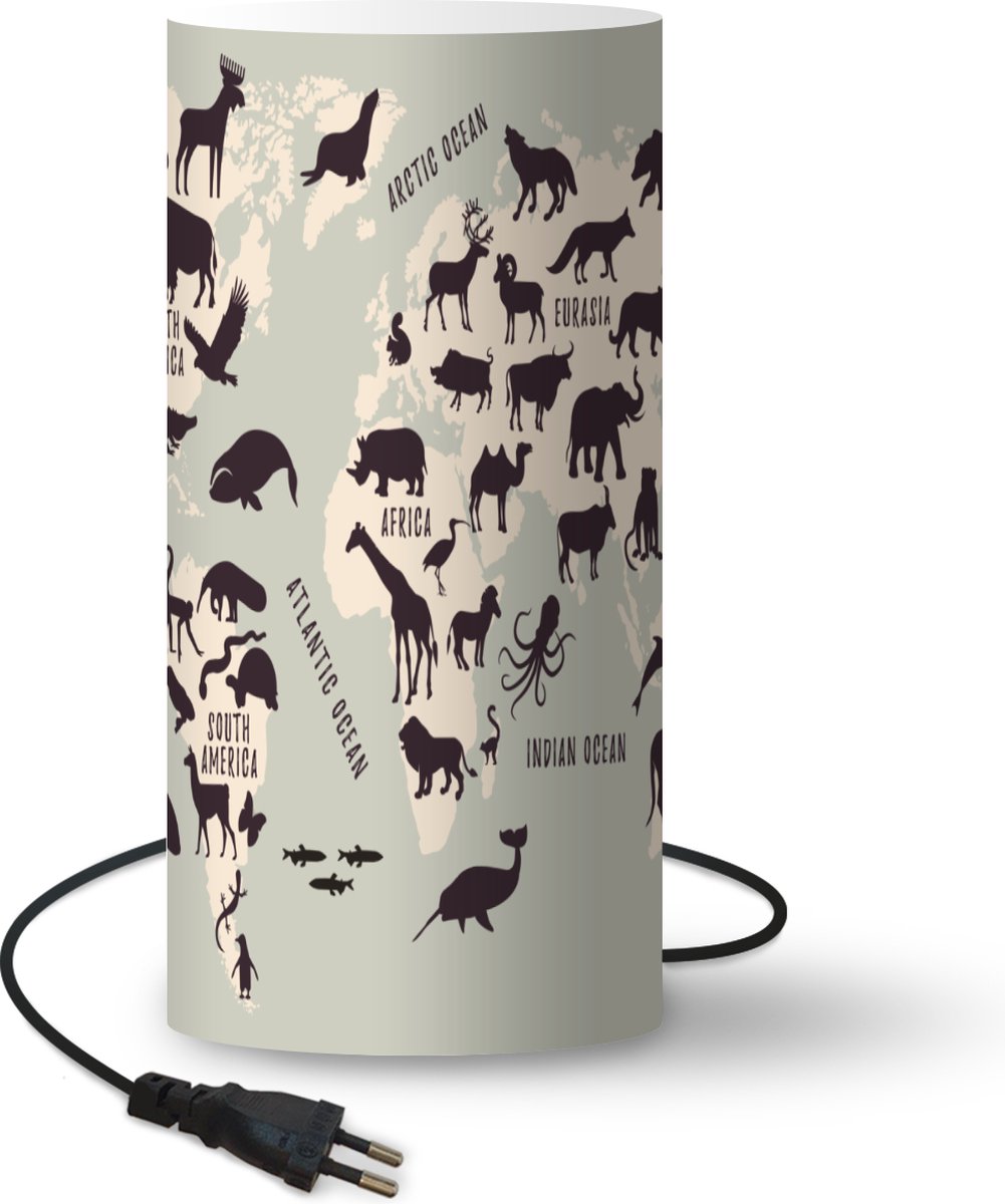 Lamp - Nachtlampje - Tafellamp slaapkamer - Wereldkaart - Kinderen - Grijs - 33 cm hoog - Ø15.9 cm - Inclusief LED lamp