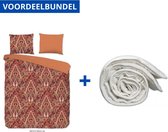 Luxe Zachte Dekbedovertrek Tweepersoons - 200x200/220cm - Inclusief 2 Kussenslopen - 100% Versterkt Katoen - Paula Rood + Wasbaar Microfiber Dekbed - 200x200cm - Wit