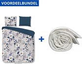 Luxe Zachte Dekbedovertrek Tweepersoons - 200x200/220cm - Inclusief 2 Kussenslopen - 100% Versterkt Katoen - Denise Grijs + Wasbaar Microfiber Dekbed - 200x220cm - Wit