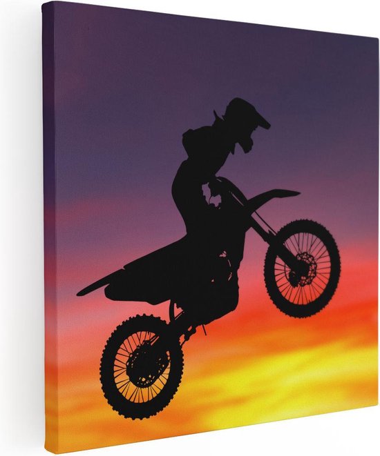 Artaza Canvas Schilderij Silhouet Van Een Motorcross In De Lucht  - 50x50 - Foto Op Canvas - Canvas Print